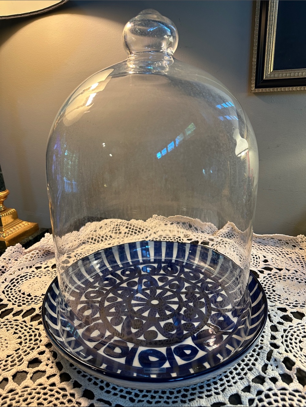 Vintage made I. Portugal 🇵🇹 Glass Cloche Dome with Blue Patterned DANSK Base